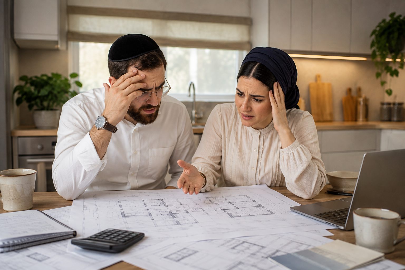 זוג מתלבט מול תכניות דירה ומחשבון