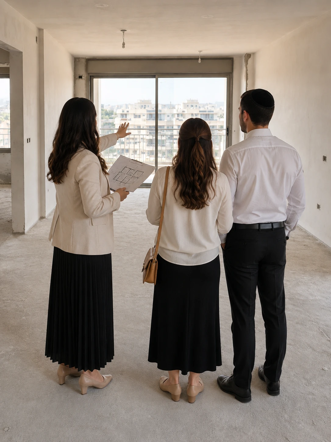 חני קפלן מלווה זוג בסיור בדירה ומסבירה על התכנית
